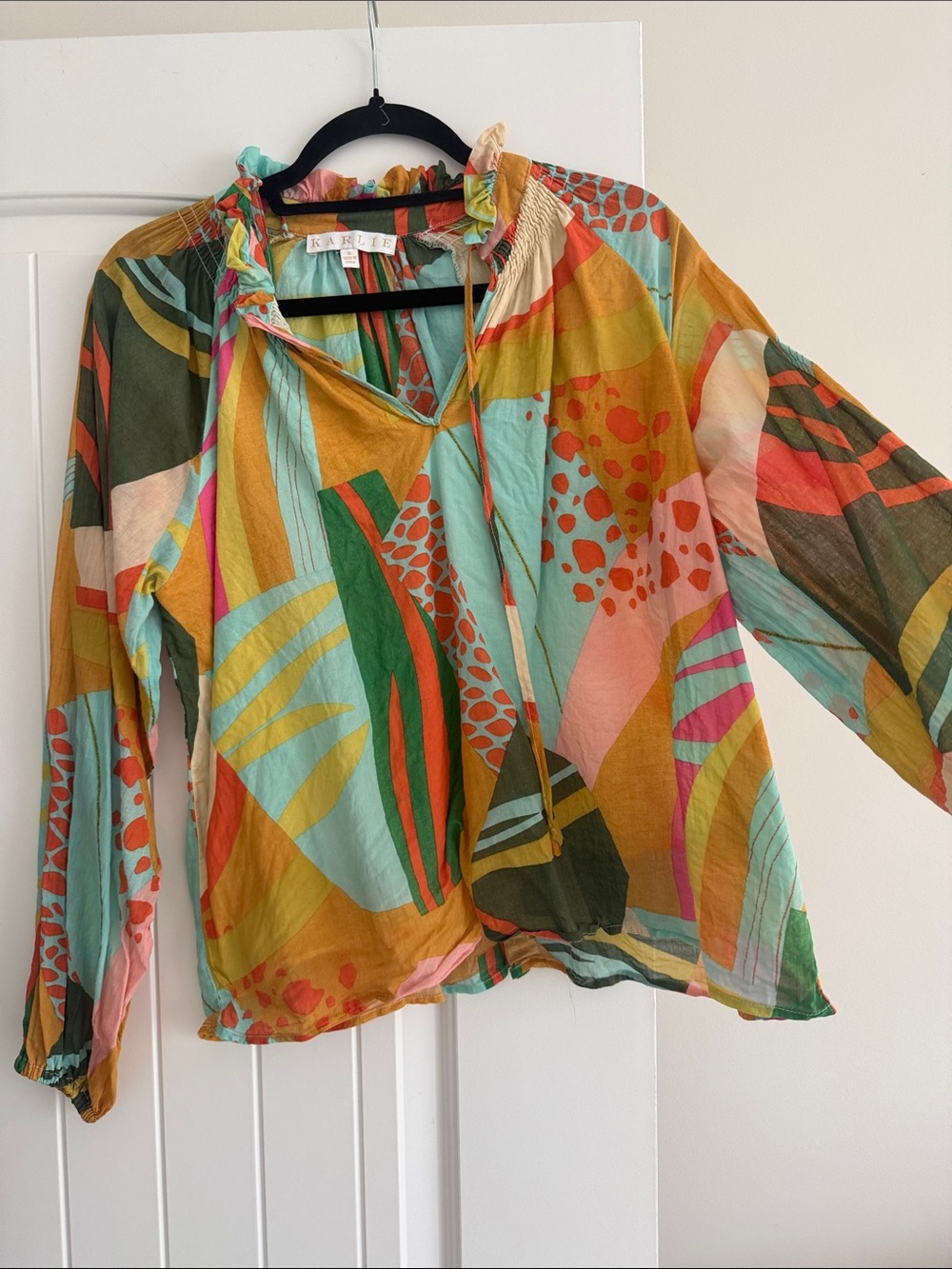 Colorful Abstract Print Peasant Blouse - Multi